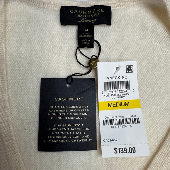 Charter Club Women's Sweater M Ivory Cashmere V-Neck Pullover Long Sleeve Top - Picture 6 of 7